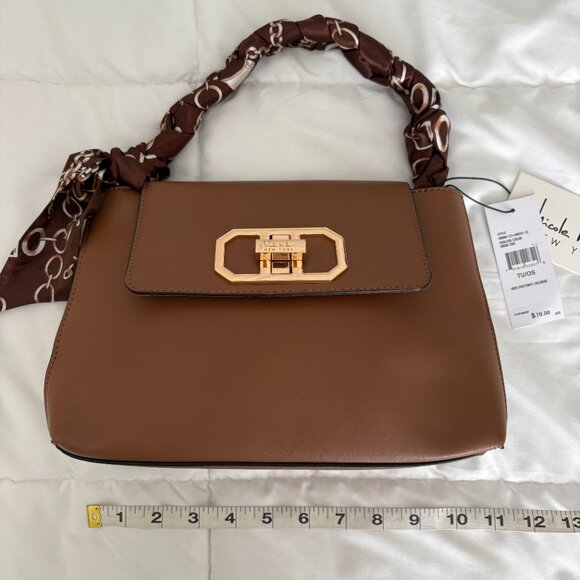 Nicole Miller New York Women's Leather Shoulder Bag Tan Scarf Accent NWT - Picture 6 of 12